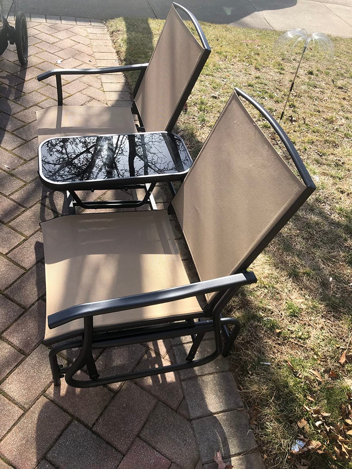 Tangkula 2 Person Swing Glider Chair, Patio Rocking Loveseat w/Center Tempered Glass Table, Outdoor Swing Bench w/Steel Frame & Breathable Mesh Fabric for Porch, Balcony, Poolside (Turquoise) customer photo 2